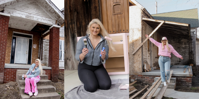 Three photos of Katie, one sitting on the front porch of the house, another of her painting a pink dresser, and a third of her playfully standing on the porch during construction
