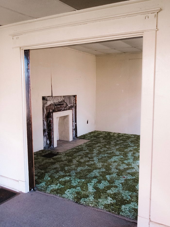 The living room with a dated green carpet and fireplace