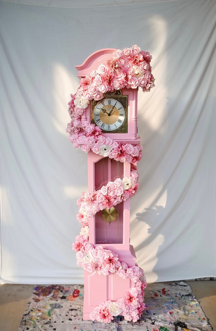 The finished clock painted pastel pink with a ribbon of pink flowers cascading down